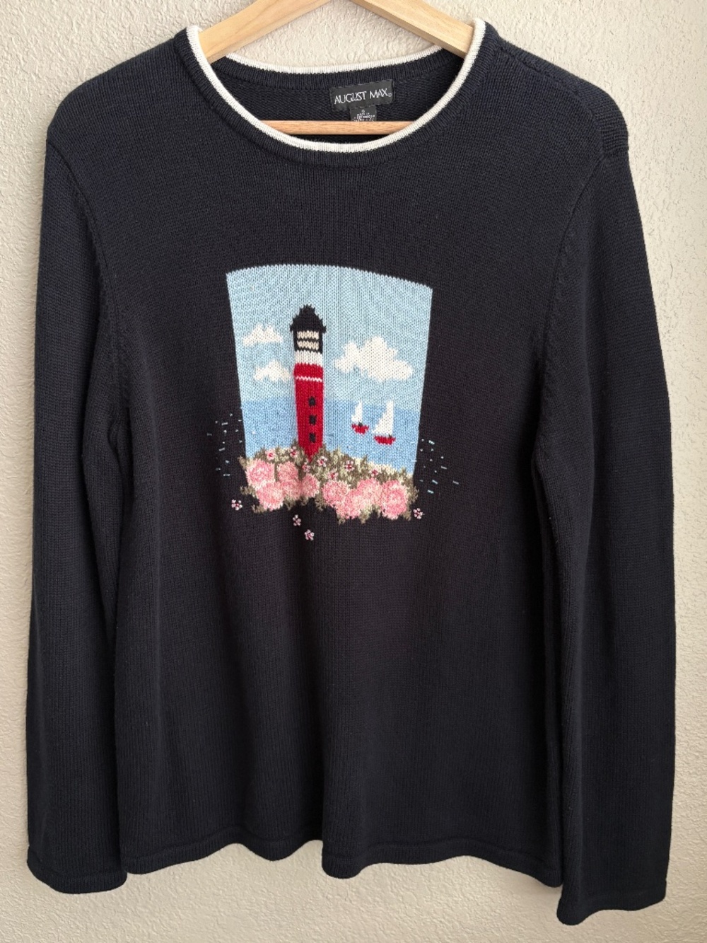 August Max Women's 100% Cotton Crewneck Sweater Size 3 Black Lighthouse Flowers